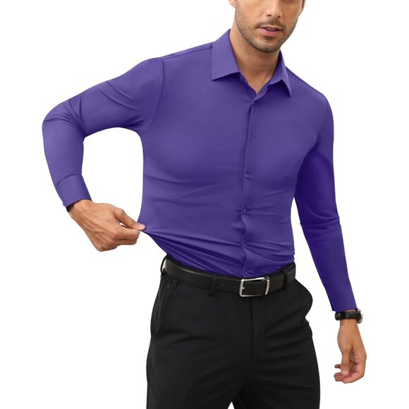 Men Purple Long Sleeve Slim Muscle Fit Wrinkle Free Button Down Dress Shirts - Picture 7 of 9